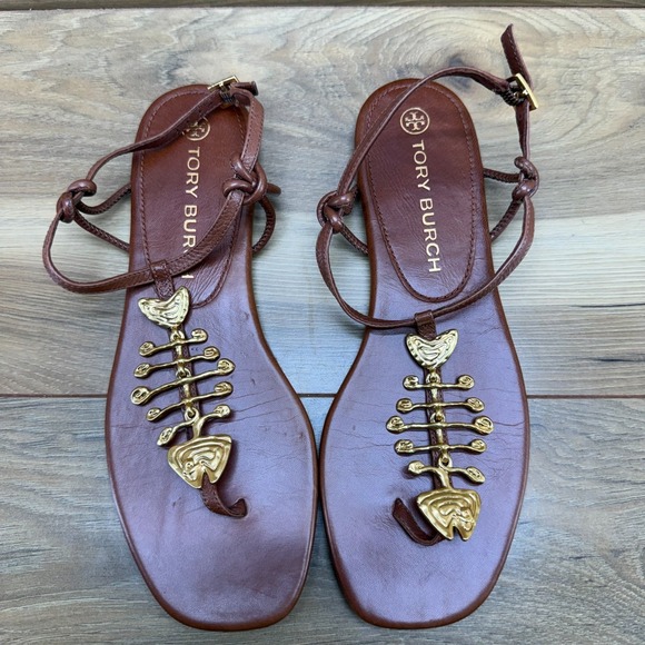 Tory Burch Capri Fish Sandals Womens 7 M Goat Leather Light Pecan - Picture 2 of 10